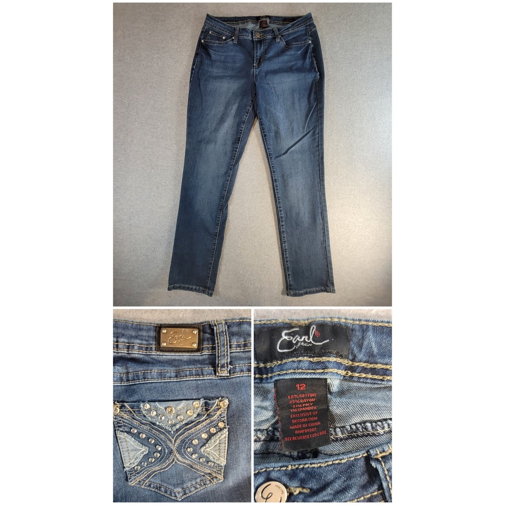 Earl Jean Womens Skinny Jeans Medium Wash Rhinestone Embroidered Pockets Size 12